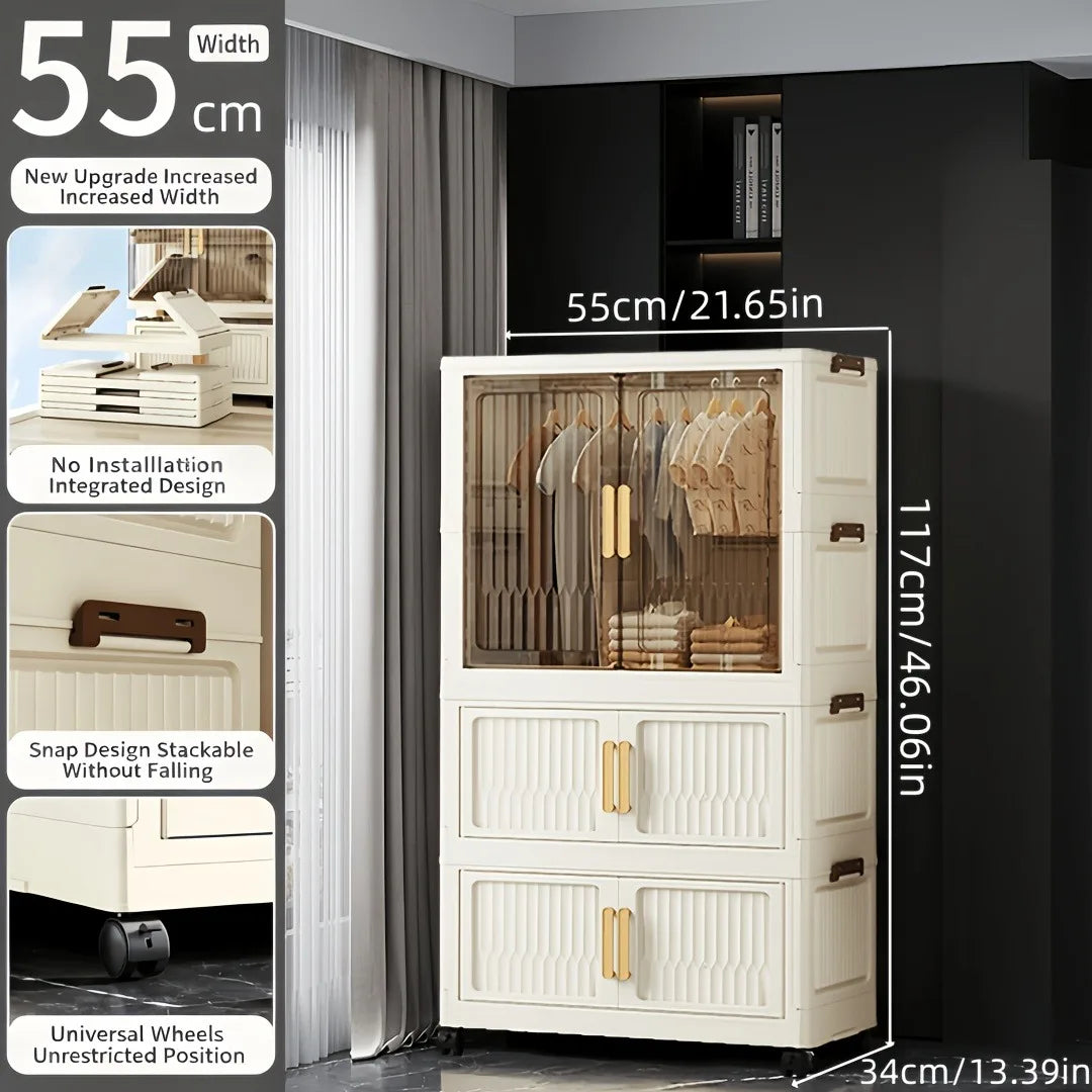 foldable and stackable clothes storage wardrobe, no assembly needed. Snap-together foldable closet with transparent dust-proof door and universal wheels. Freestanding multi-layer clothes hanging and storage unit, suitable for