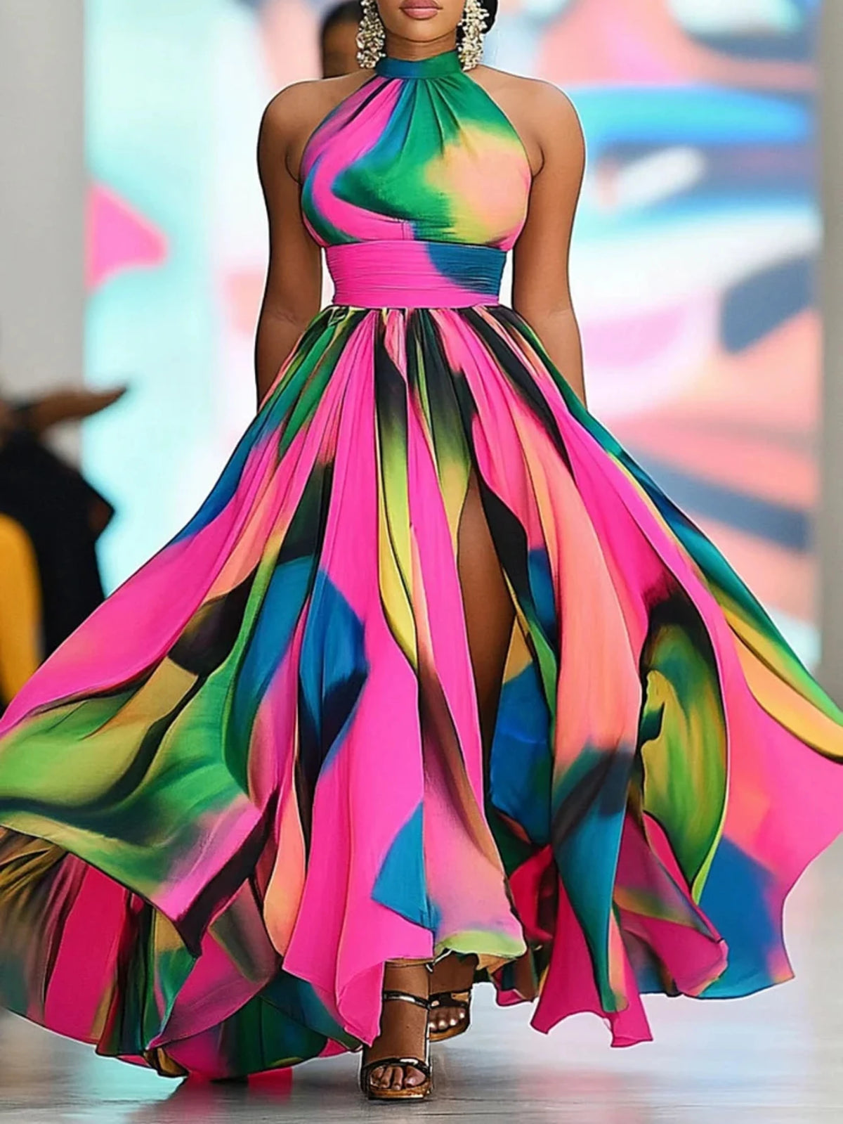 Women Halter Neck Printed Polyester Maxi Dress With Slit