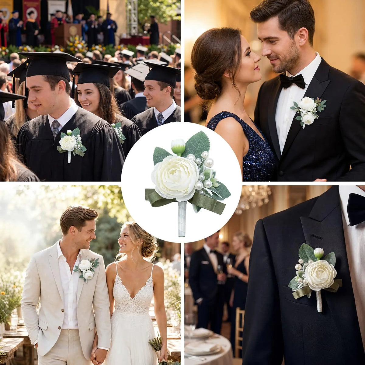 HiMISS Silk Peony Boutonniere Set With Pearl Corsage Lapel Pins