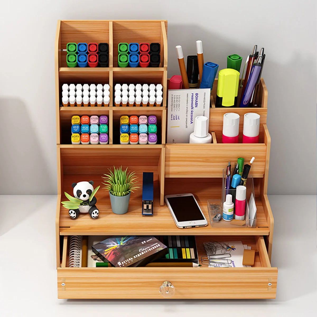 Wooden Pen Holder Storage Box With Drawer For Office Desk