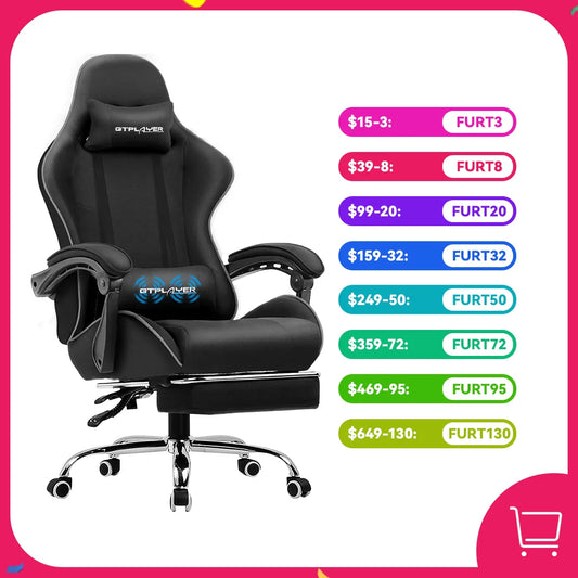 GTPLAYER Gaming Chair With Footrest Lumbar Support Adjustable Height Swivel