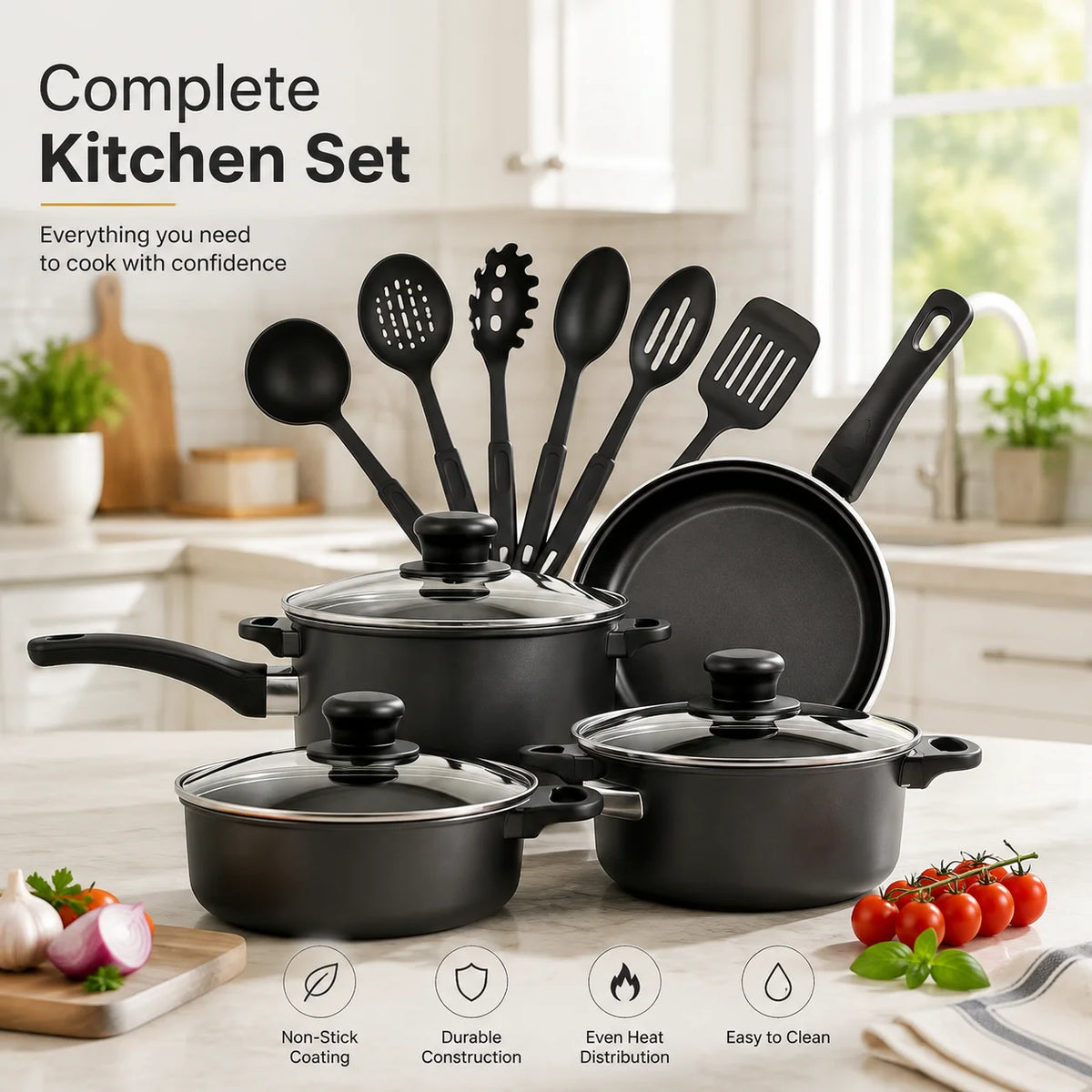 13-Piece Nonstick Cookware Set, Pots and Pans Set with Glass Lids & Kitchen Utensils, Black Kitchen Cooking Set with Frying Pan Saucepan Stock Pot for Home