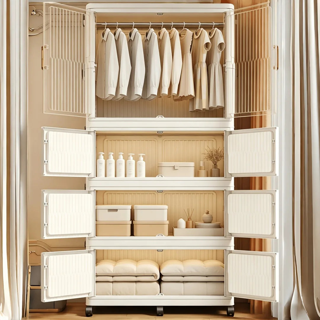 foldable and stackable clothes storage wardrobe, no assembly needed. Snap-together foldable closet with transparent dust-proof door and universal wheels. Freestanding multi-layer clothes hanging and storage unit, suitable for