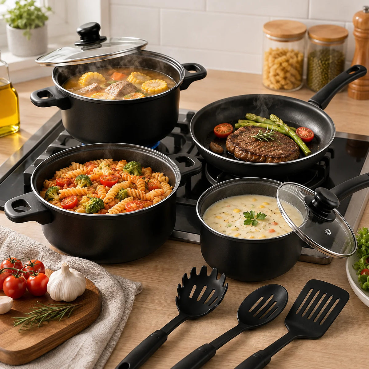 13-Piece Nonstick Cookware Set, Pots and Pans Set with Glass Lids & Kitchen Utensils, Black Kitchen Cooking Set with Frying Pan Saucepan Stock Pot for Home