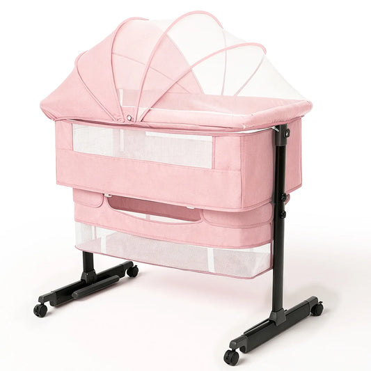 Baby Bedside Bassinet, Height‑Adjustable Co‑Sleeper Bedside Crib with Mosquito Canopy, Sturdy I‑Shape Frame Portable Baby Bassinet with Storage Pocket & Lockable Wheels for Newborn Infant, 3‑Color Available Pink / Lig