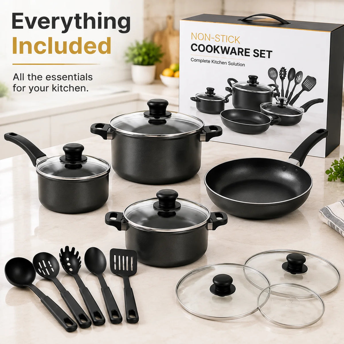 13-Piece Nonstick Cookware Set, Pots and Pans Set with Glass Lids & Kitchen Utensils, Black Kitchen Cooking Set with Frying Pan Saucepan Stock Pot for Home