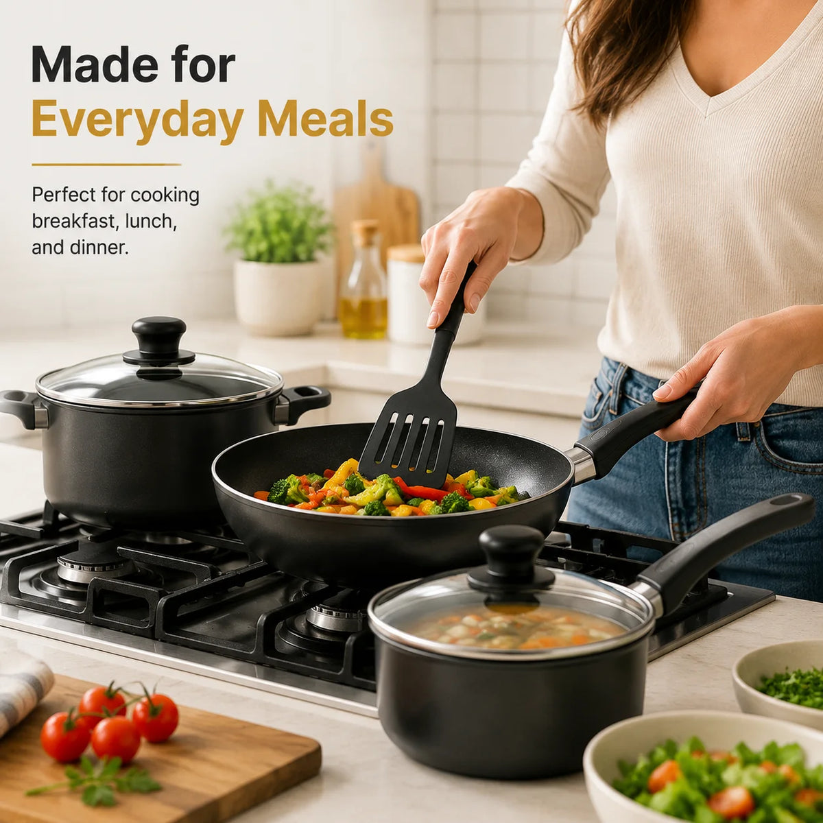 13-Piece Nonstick Cookware Set, Pots and Pans Set with Glass Lids & Kitchen Utensils, Black Kitchen Cooking Set with Frying Pan Saucepan Stock Pot for Home