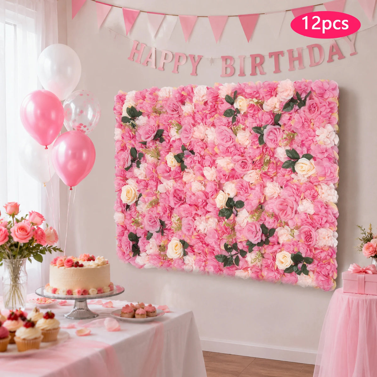 12 Artificial Wallflower Backgrounds, 24' X 16' Pink Floral Siding, for Home Party Wedding Decor Faux Roses in Pink As