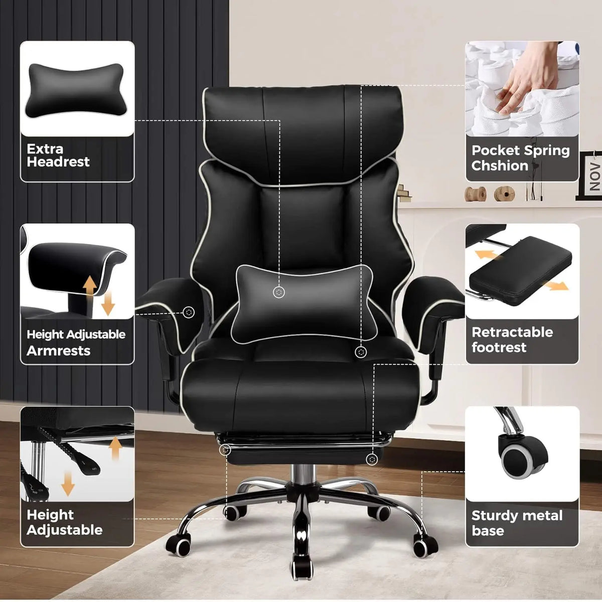COMHOMA High Back Executive Office Chair Ergonomic Lumbar Support Leather