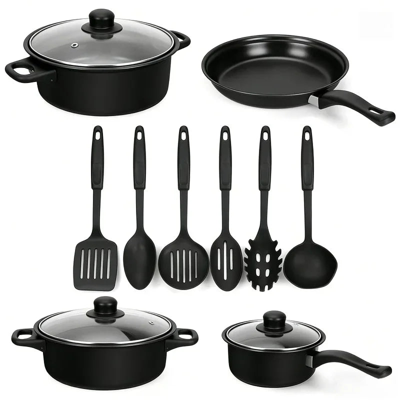 13-Piece Nonstick Cookware Set, Pots and Pans Set with Glass Lids & Kitchen Utensils, Black Kitchen Cooking Set with Frying Pan Saucepan Stock Pot for Home