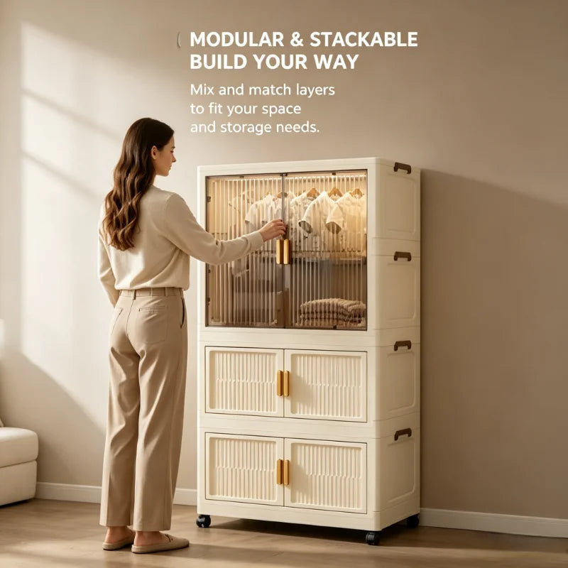 ONENOBLE Foldable Stackable Wardrobe With Transparent Door And Wheels