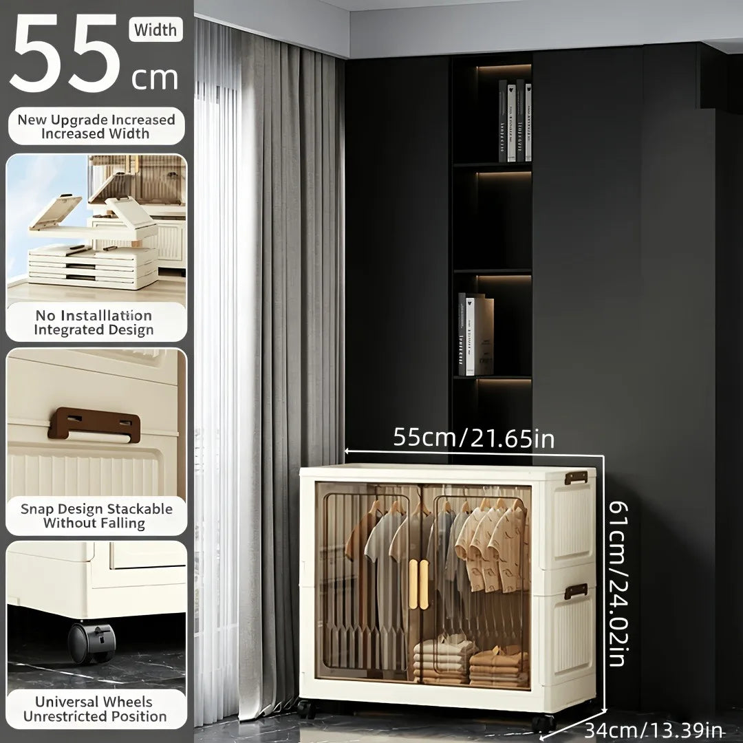 foldable and stackable clothes storage wardrobe, no assembly needed. Snap-together foldable closet with transparent dust-proof door and universal wheels. Freestanding multi-layer clothes hanging and storage unit, suitable for