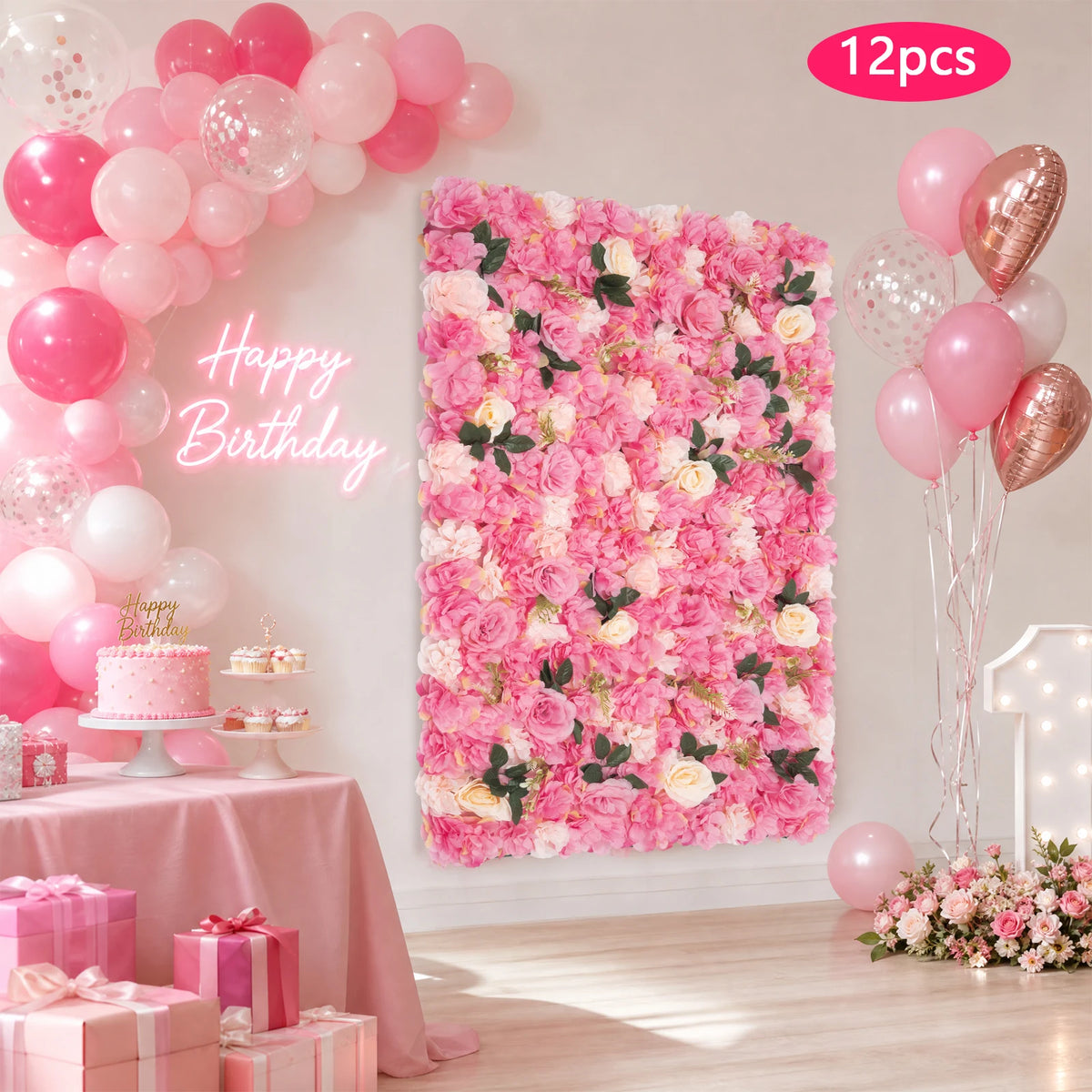 12 Artificial Wallflower Backgrounds, 24' X 16' Pink Floral Siding, for Home Party Wedding Decor Faux Roses in Pink As