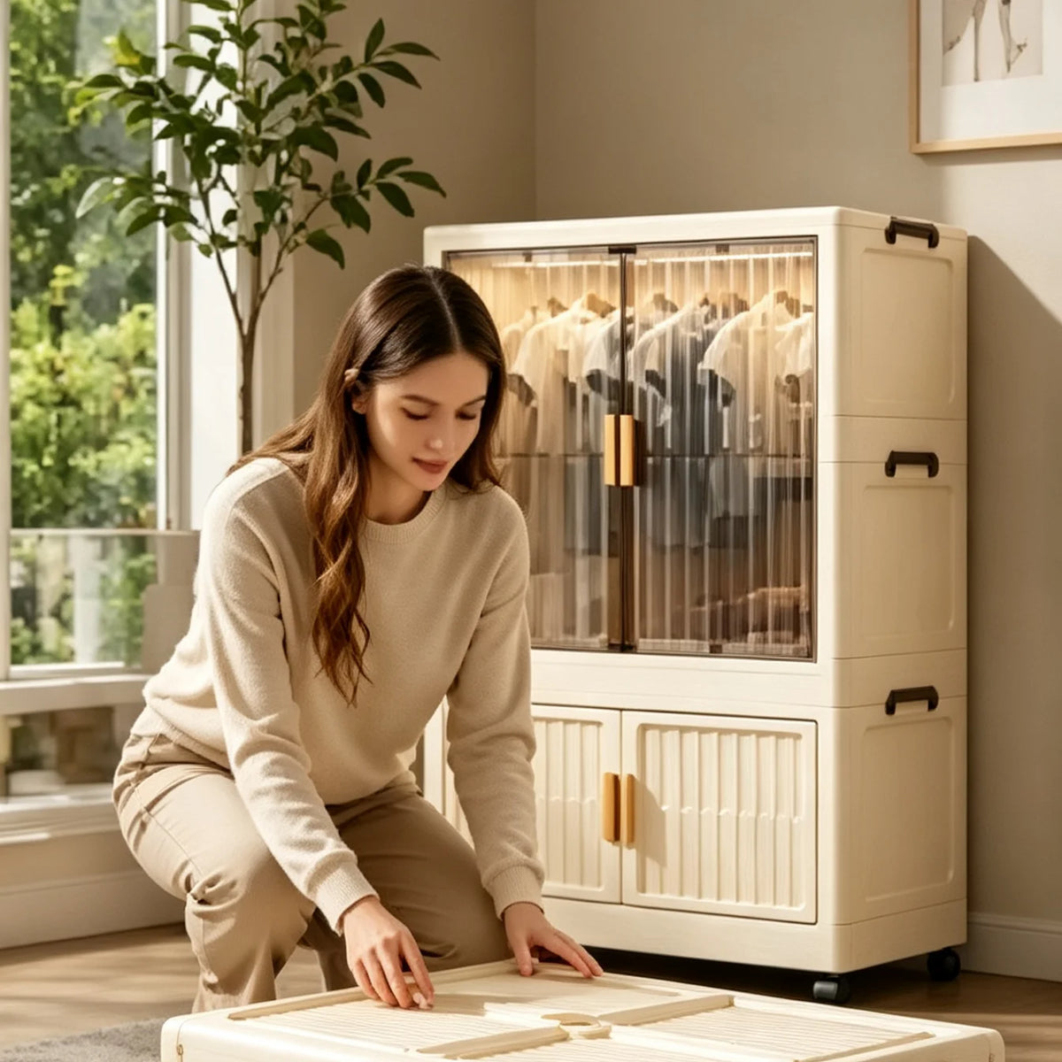 ONENOBLE Foldable Stackable Wardrobe With Transparent Door And Wheels