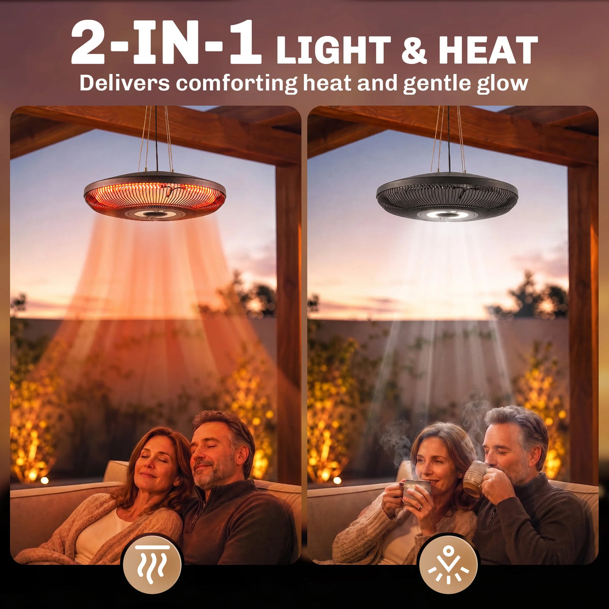 Electric Hanging Patio Heater w/ LED Light, 750/1500W, IP65, Black