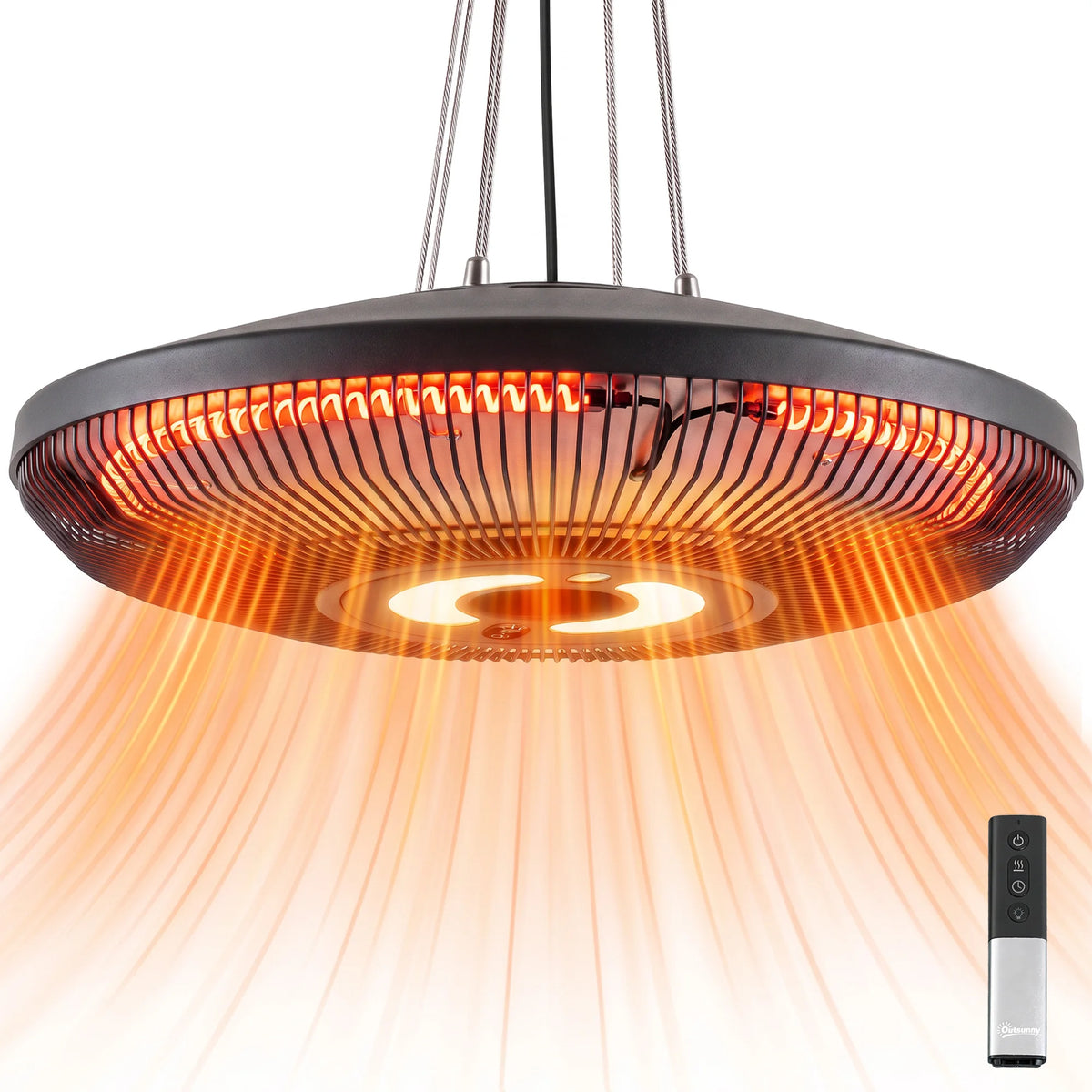 Electric Hanging Patio Heater w/ LED Light, 750/1500W, IP65, Black