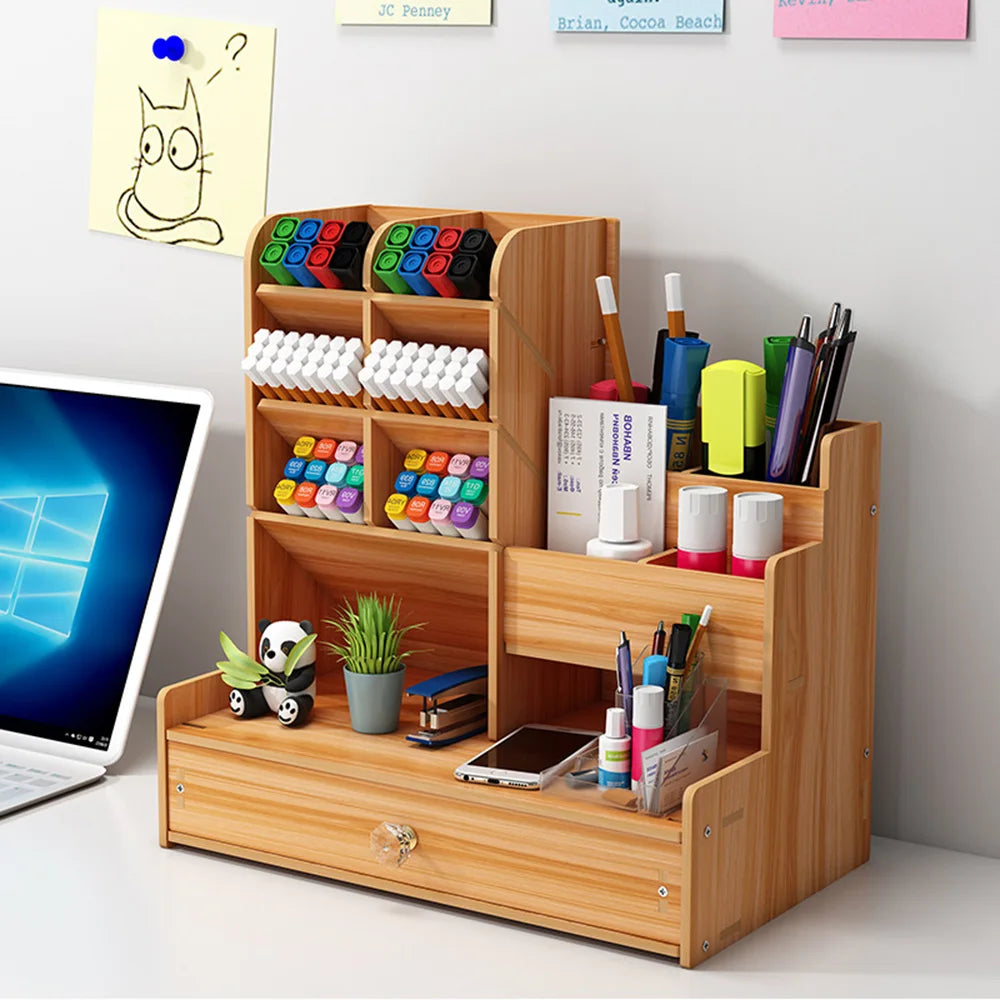 Wooden Pen Holder Storage Box With Drawer For Office Desk