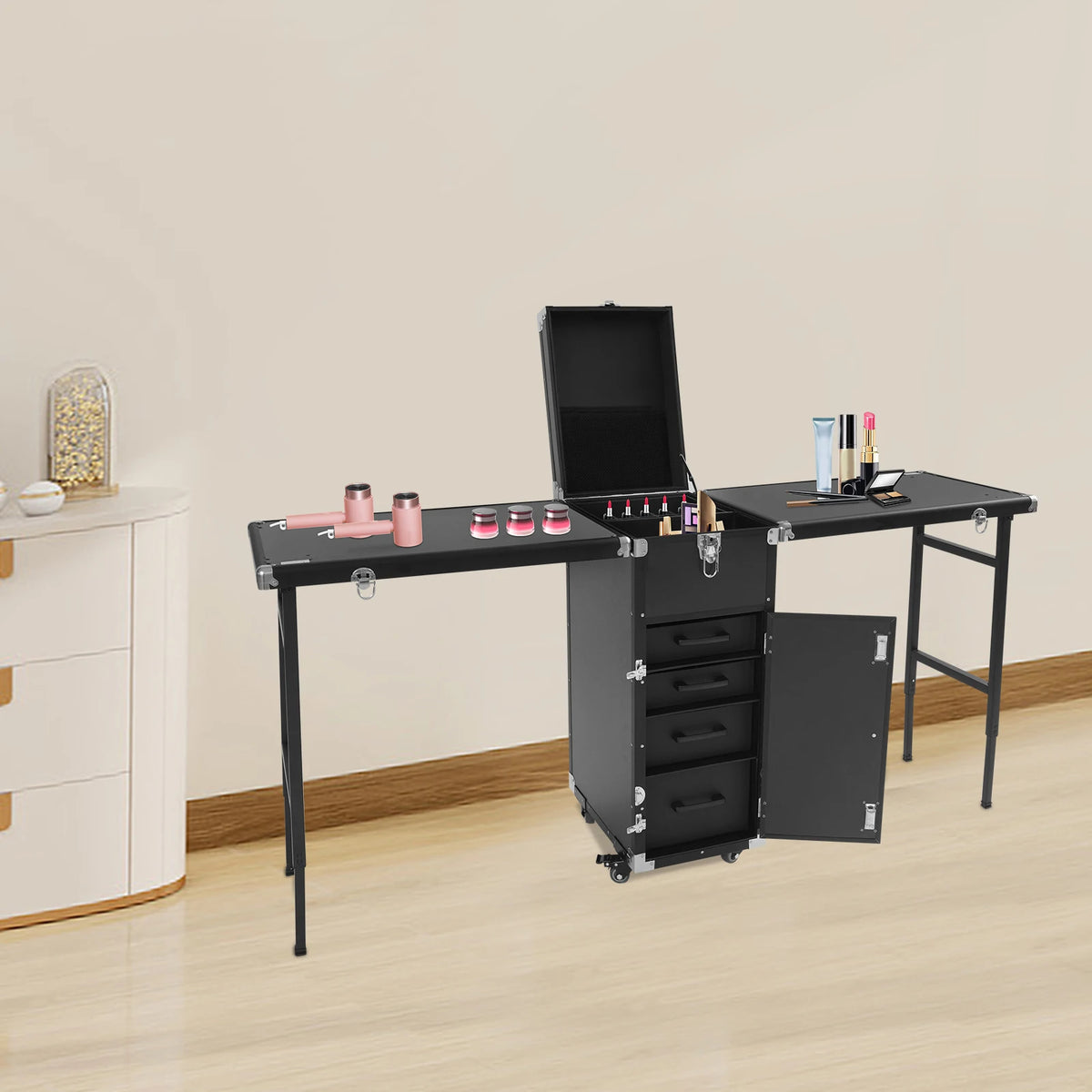 Dual Artist Portable Makeup Train Case, Portable Nail Table Desk with 4 Wheels, Rectangular Makeup Station Box for Professional Make-Up Artists, Hair Stylists