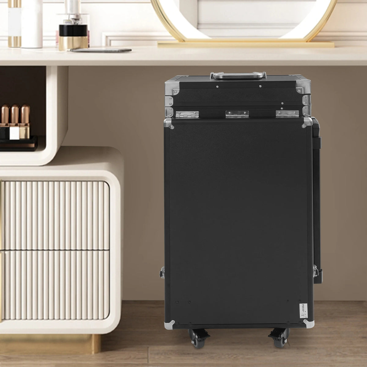 Dual Artist Portable Makeup Train Case, Portable Nail Table Desk with 4 Wheels, Rectangular Makeup Station Box for Professional Make-Up Artists, Hair Stylists