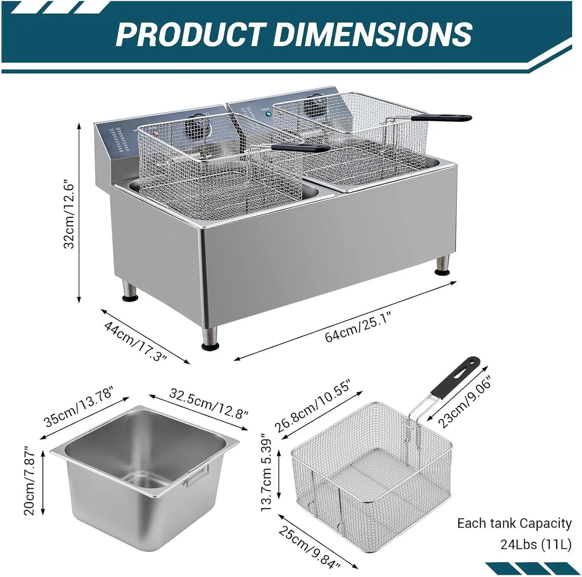 Tacleekii 11L Dual Tank Commercial Electric Deep Fryer with Basket 304 Stainless Steel Countertop Fryer with Temperature Control & Overheat Protection for Restaurant, Home Use