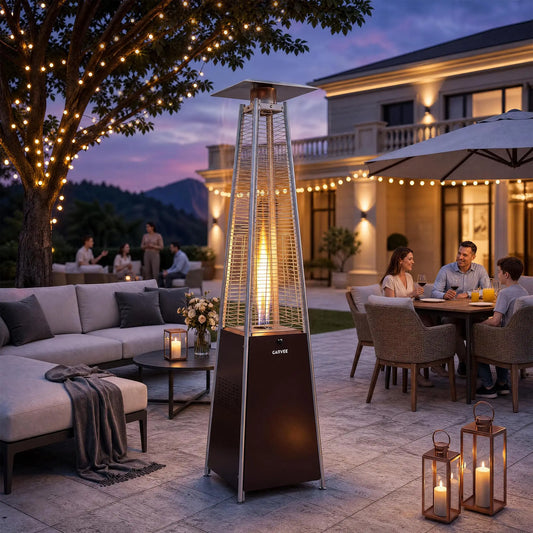 HiMISS Outdoor Propane Patio Heater Featuring Visible Flame and Wheels