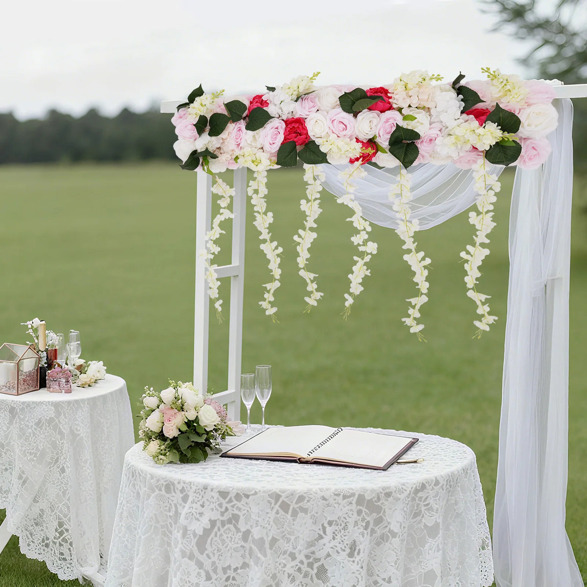 100cm Artificial Silk Flower Row Wall Decor, 3D Fake Flower Garland Hanging for Wedding Party Home Garden, No Watering Needed
