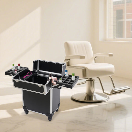 Rolling Makeup Travel Case, Rectangular Cosmetic Trolley with Keys, Hairdressing Travel Case for Professional Makeup Artists