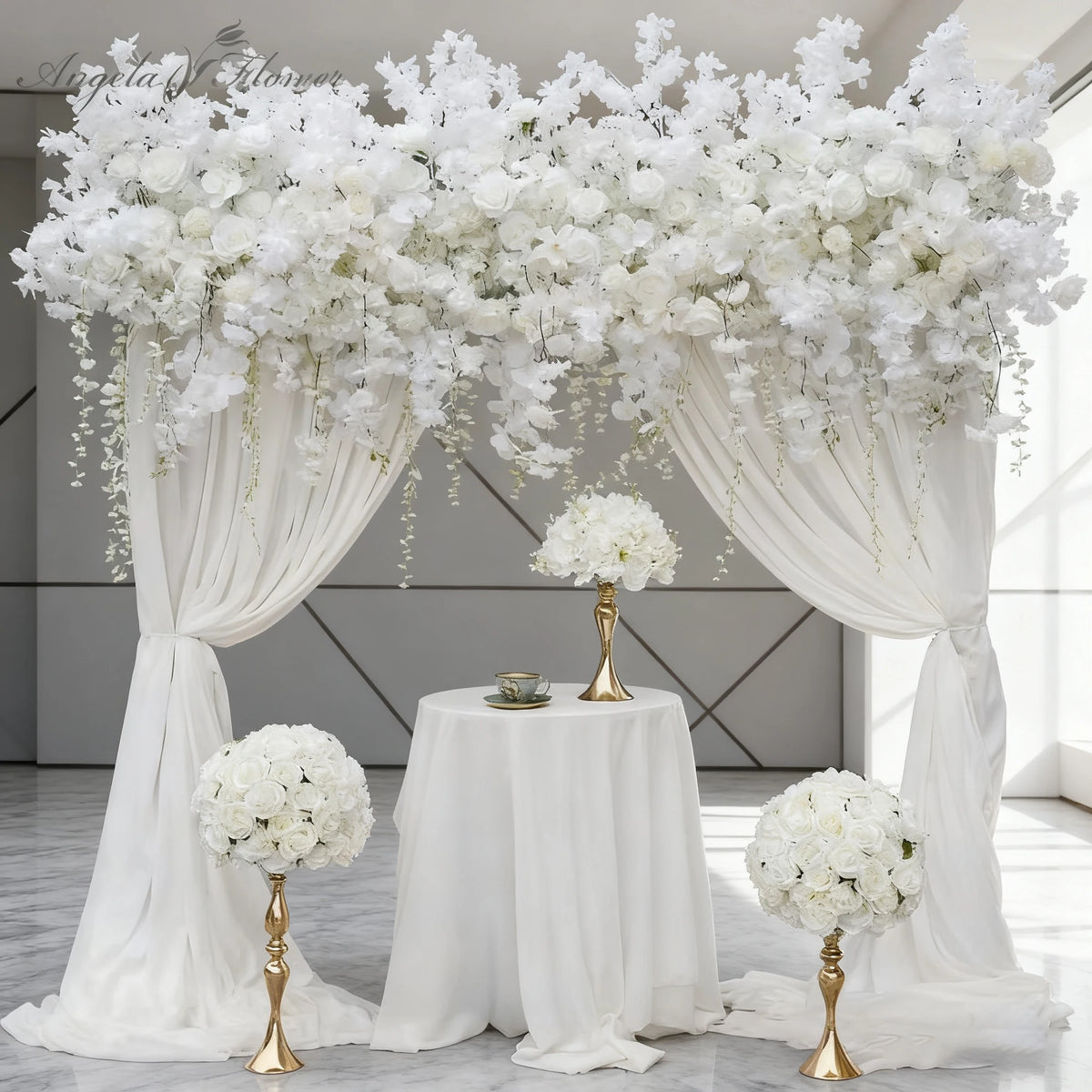 Angela Flower A7568 Luxury White Rose Cherry Blossom Hanging Wisteria Flower Row Wedding Backdrop Floral Arrangement Decor Banquet Party Props