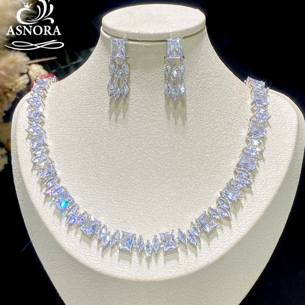 ASNORA Classic Square Zircon Wedding Necklace And Earrings Bridal Set
