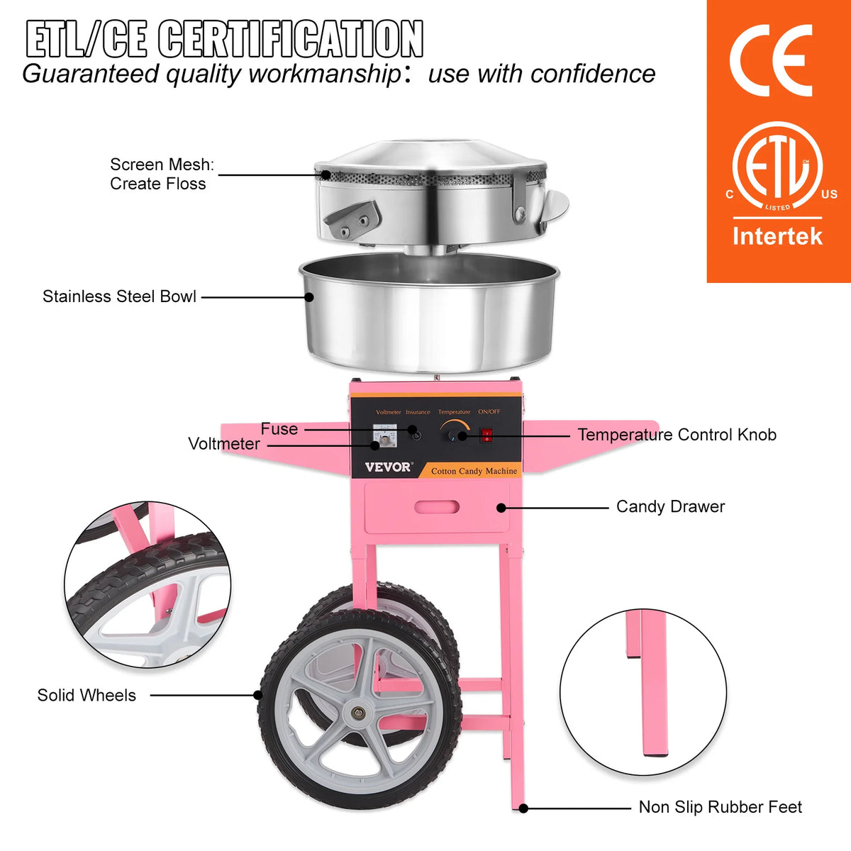 SucceBuy Commercial Electric Cotton Candy Machine With Cart And Bowl