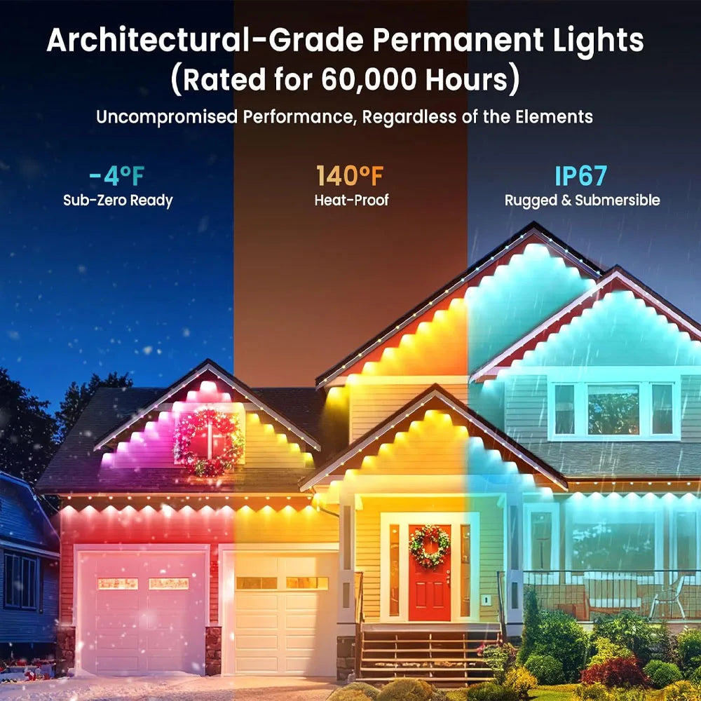 45M/60M/90M RGBIC Eaves Lights,LED Permanent Outdoor Lights with APP Remote Control  IP67 Waterproof String Lights for Christmas