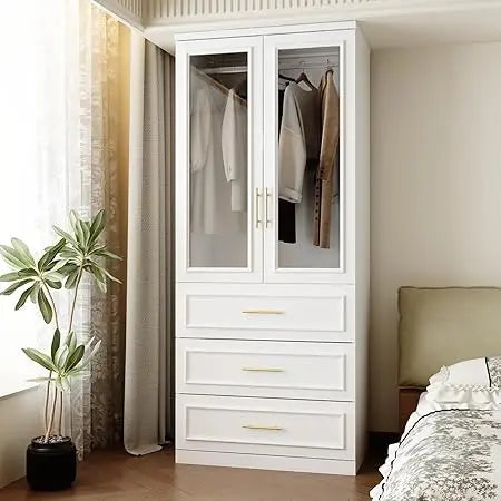 FUFU&GAGA Wardrobe Closet with Glass Doors, Modern White Bedroom Armoire with Gold Handles, Modern Clothes Storage Cabinet with