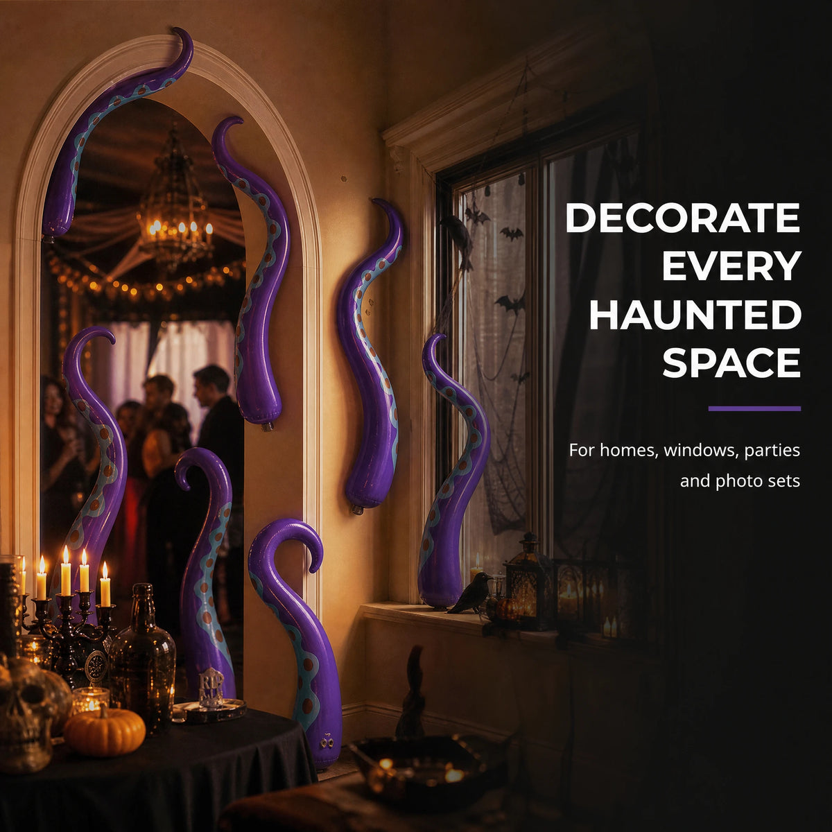 Halloween Purple Inflatable Octopus Tentacles, PVC Blow‑up Octopus Arms, Spooky Decor Props for Yard Window Haunted House Ocean Theme Party Supplies