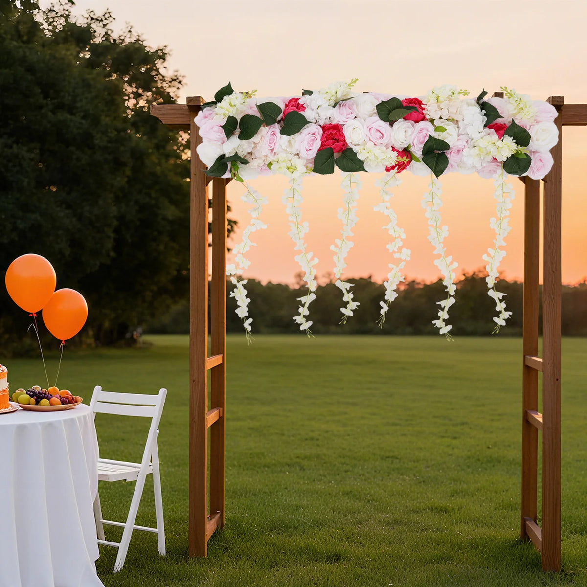 100cm Artificial Silk Flower Row Wall Decor, 3D Fake Flower Garland Hanging for Wedding Party Home Garden, No Watering Needed
