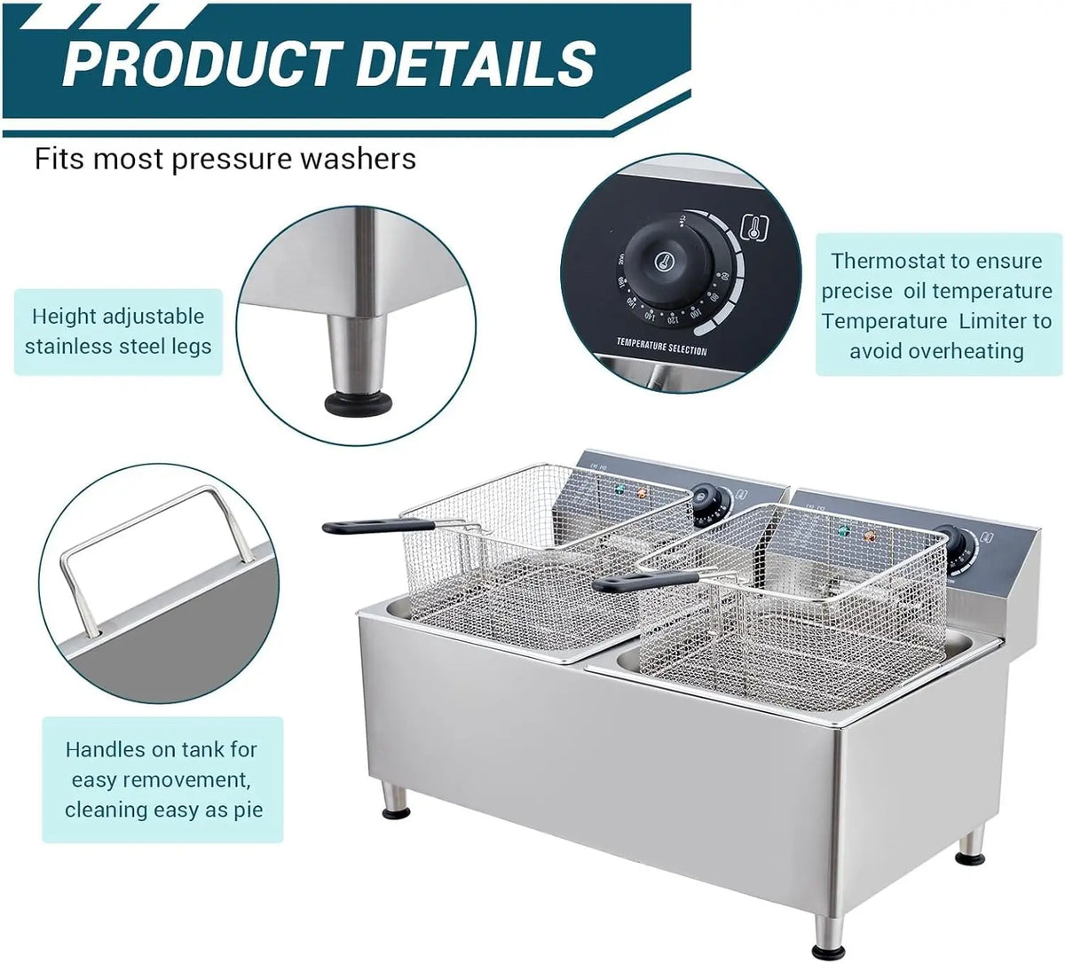 Tacleekii 11L Dual Tank Commercial Electric Deep Fryer with Basket 304 Stainless Steel Countertop Fryer with Temperature Control & Overheat Protection for Restaurant, Home Use