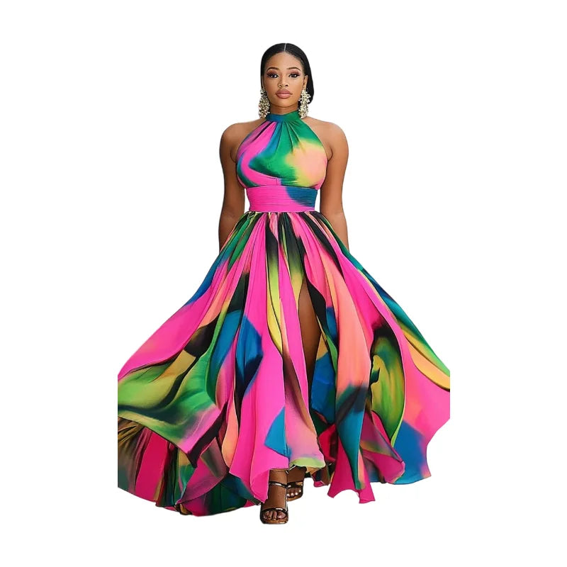 Women Halter Neck Printed Polyester Maxi Dress With Slit