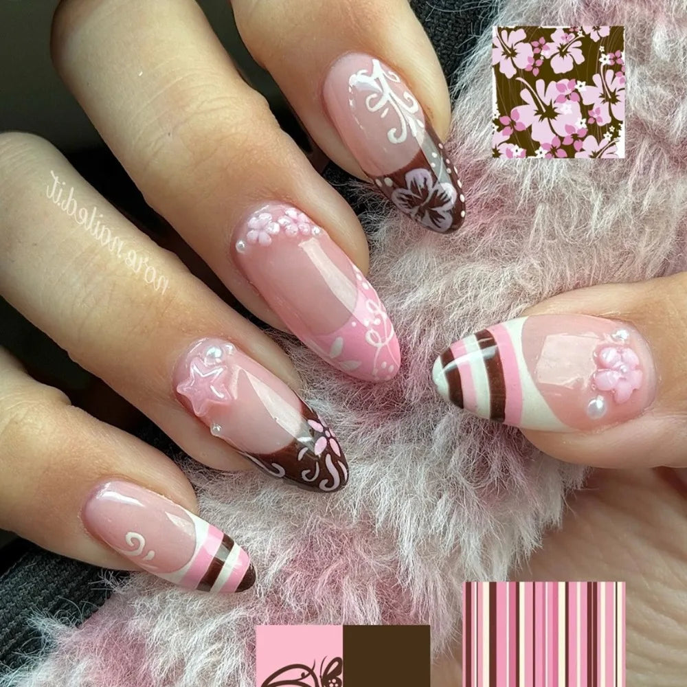Medium and long almond armor, brown stripes, cute pink flower print nail art.