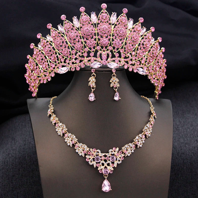 Cenmon Bridal Tiara Crown Necklace Earrings Jewelry Set For Women