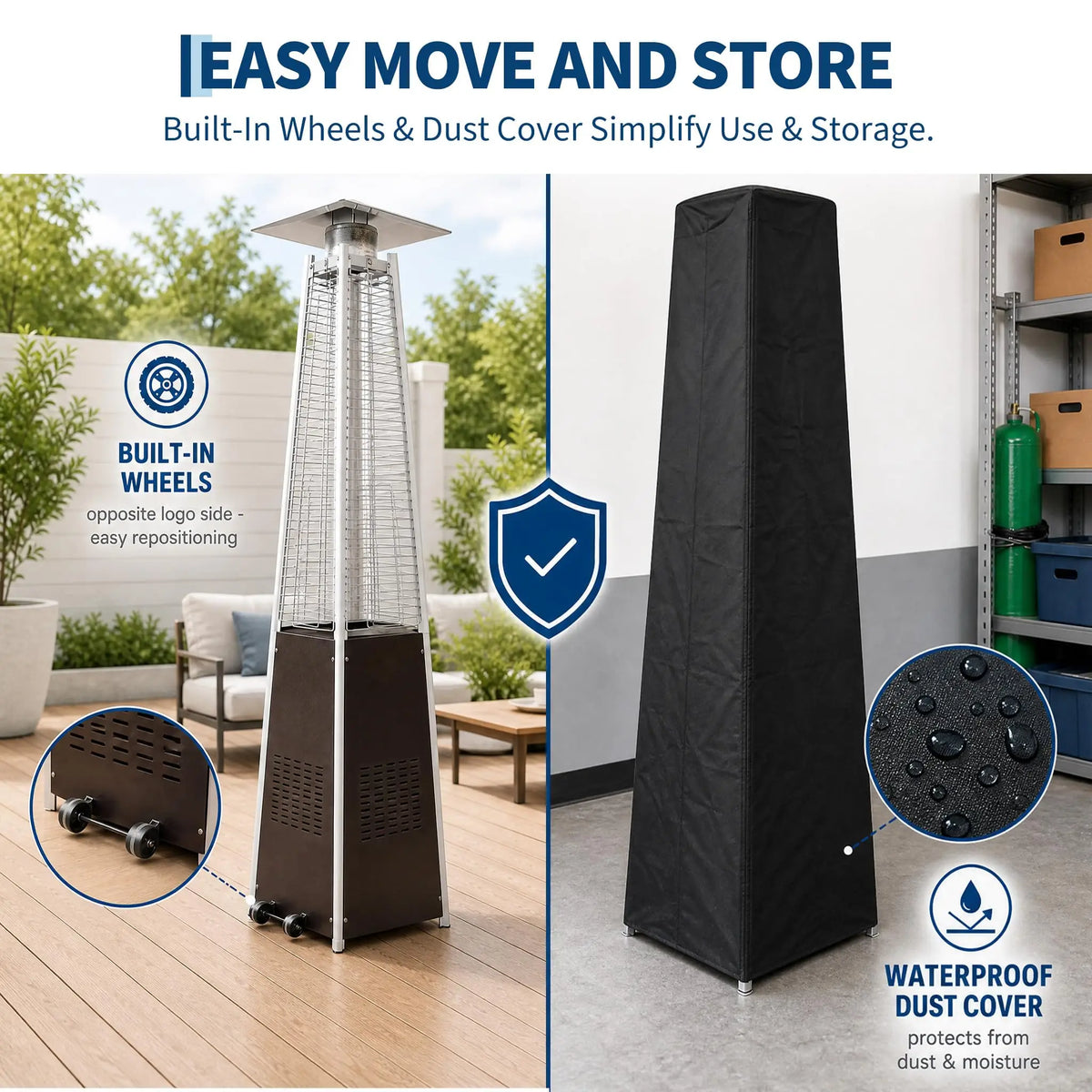 HiMISS Outdoor Propane Patio Heater Featuring Visible Flame and Wheels
