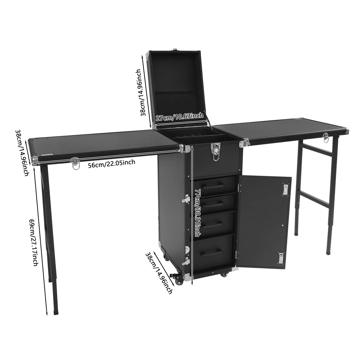 Dual Artist Portable Makeup Train Case, Portable Nail Table Desk with 4 Wheels, Rectangular Makeup Station Box for Professional Make-Up Artists, Hair Stylists