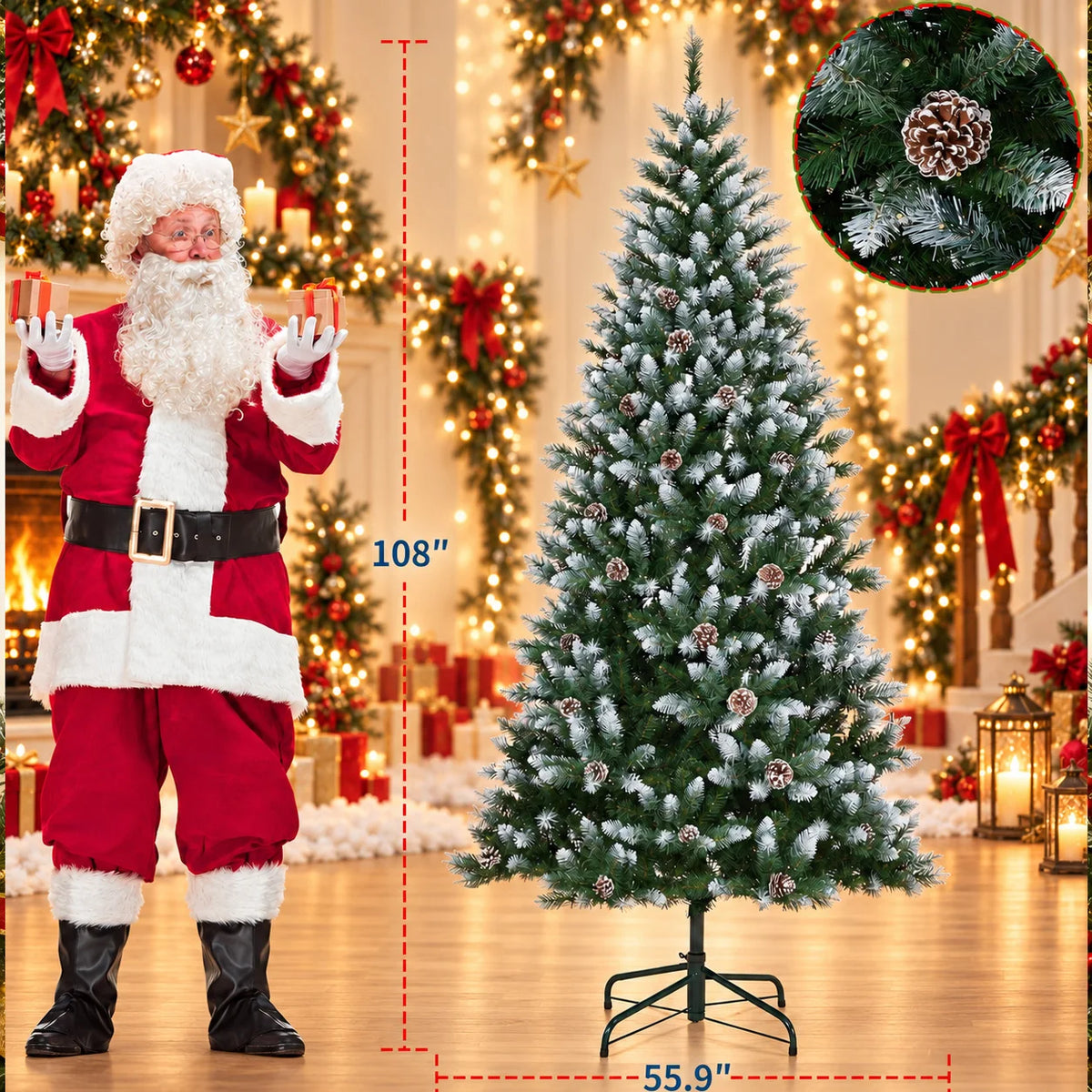 Pre-Lit Flocked Artificial Christmas Tree 6‘/9’ with Warm White LED Lights, Realistic Pine Branches, Snow Covered Xmas Tree, Slim Space Saving Design, Sturdy Metal Stand, Indoor Outdoor Holiday Decoration