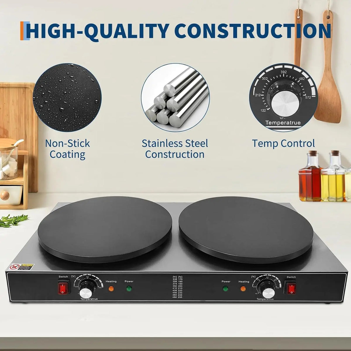 TWISTER.CK 3400W Electric Crepe Griddle – 110V Commercial Double Plate Maker with Temp Control, Non-Stick Surface for Home & Professional Kitchens