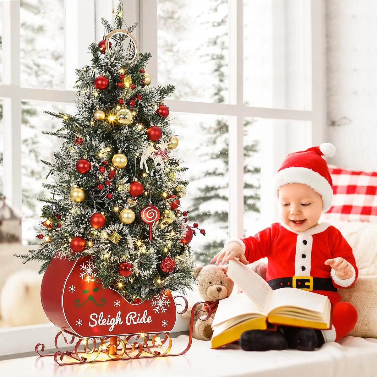 HiMISS Artificial Christmas Tree With 78 Lights And Sleigh Base