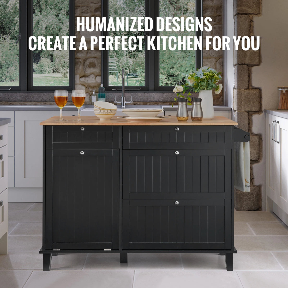 SucceBuy Kitchen Island Cart Breakfast Bar with Trash Cabinet Tilt Out Storage Farmhouse Dining Living Room Table with Drop Leaf