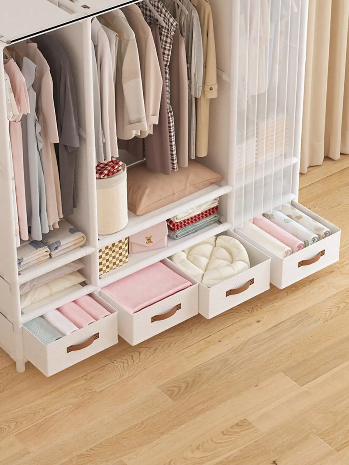 57"in Portable Wardrobe Closet with 4 Drawers, 3 Hanging Rods & 6 Shelves, Large Capacity Freestanding Clothes Storage Organizer for Hanging & Folding, White