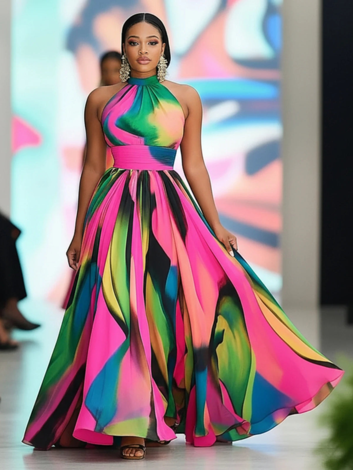 Women Halter Neck Printed Polyester Maxi Dress With Slit