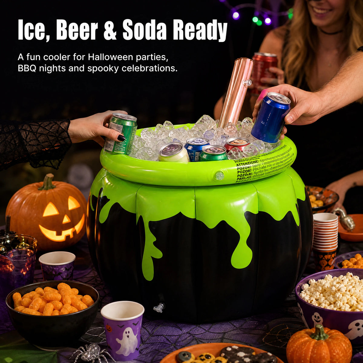 Halloween Inflatable Witch Cauldron Ice Bucket, PVC Large‑Capacity Drink Cooler, Foldable Beverage Tub for Halloween Party Bar Haunted House Decor Supplies