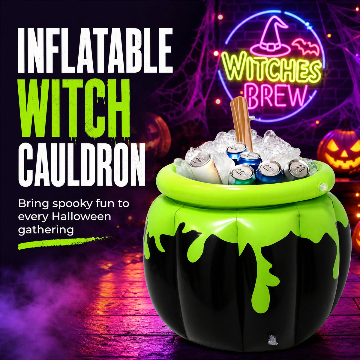Halloween Inflatable Witch Cauldron Ice Bucket, PVC Large‑Capacity Drink Cooler, Foldable Beverage Tub for Halloween Party Bar Haunted House Decor Supplies
