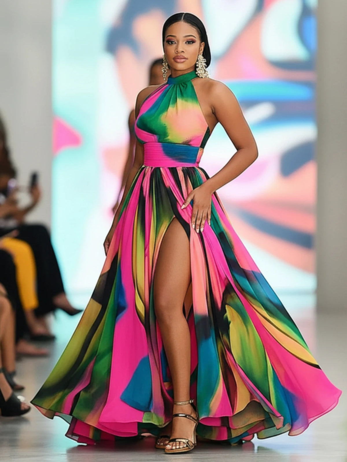 Women Halter Neck Printed Polyester Maxi Dress With Slit