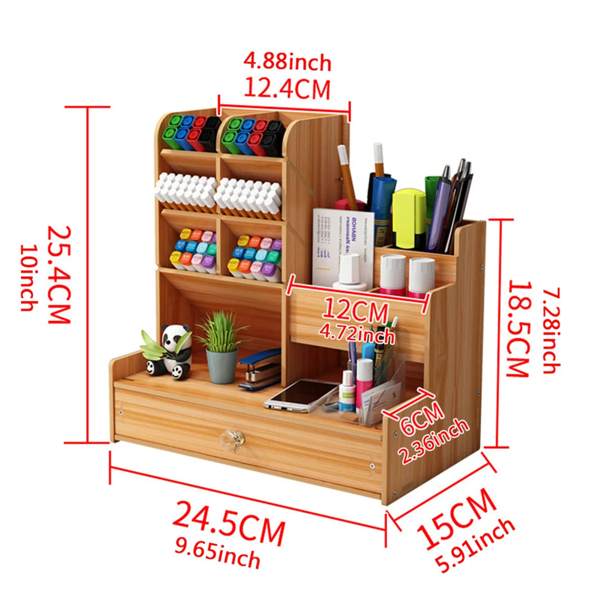 Wooden Pen Holder Storage Box With Drawer For Office Desk